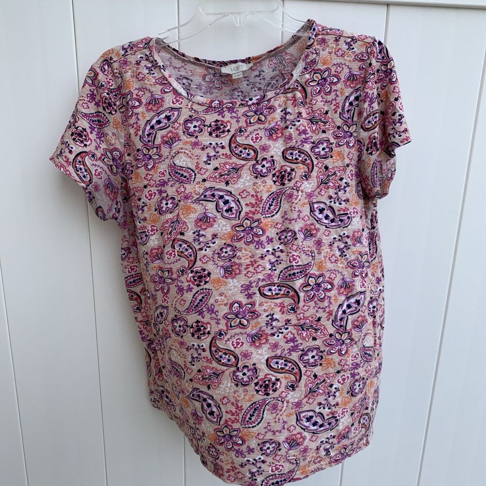 LOFT Blouse Womens Small Short Sleeve Top Boho Paisley Floral Pink